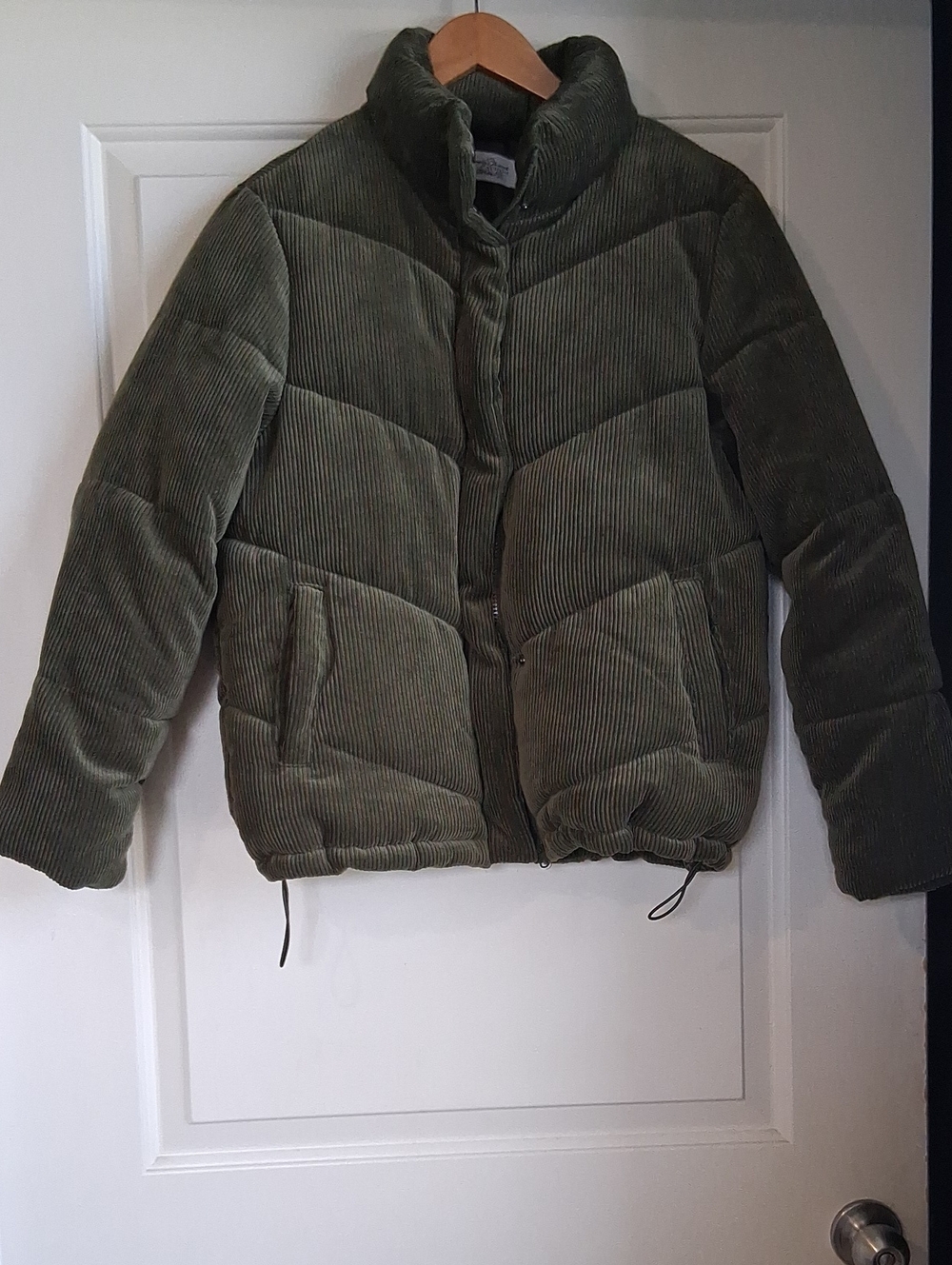 Olive Green Corduroy Puffer Jacket with Stand Collar